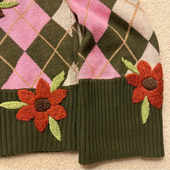 Joystick Vintage Pink & Green Argyle Sweater with Embroidered Flowers - Picture 3 of 6